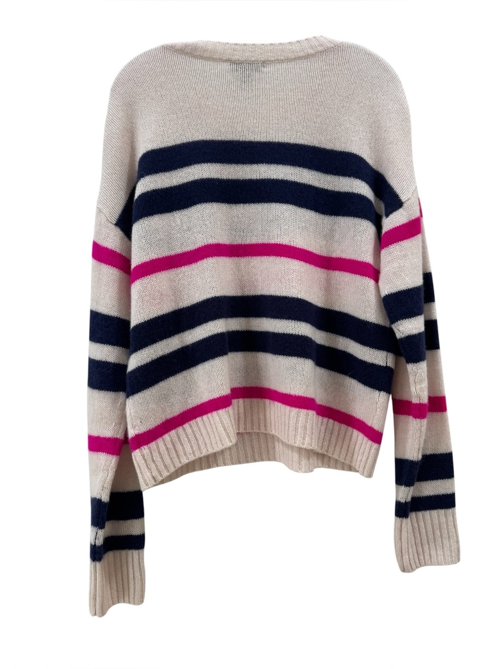Aqua Cream Crewneck Sweater with Navy & Pink Stripes - Picture 3 of 4